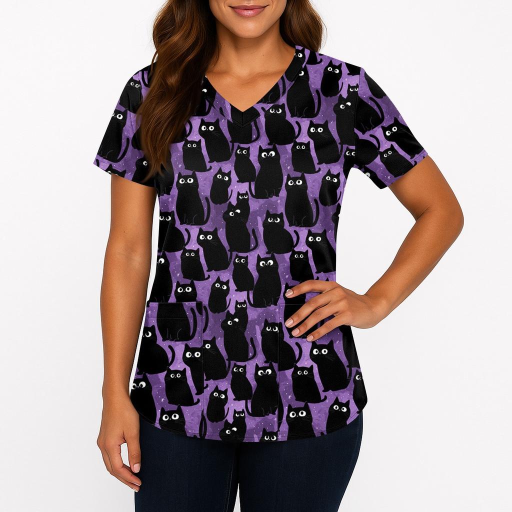 Women's Printing Uniform Work Uniform V-neck Pockets Basic Short Sleeve Pullover Top