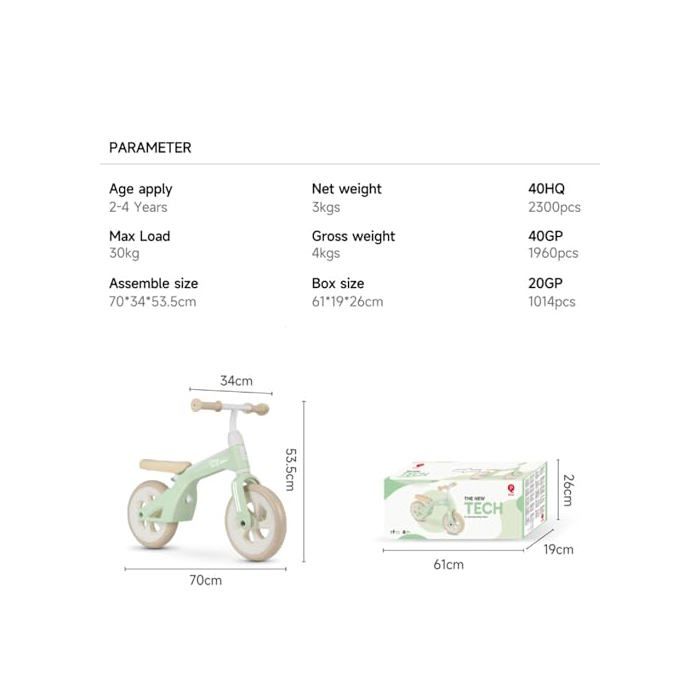 Laufrad für Kinder - QPLAY - Minze - Höhenverstellbar - 9"-Räder - Lenkeinschlagsbegrenzer