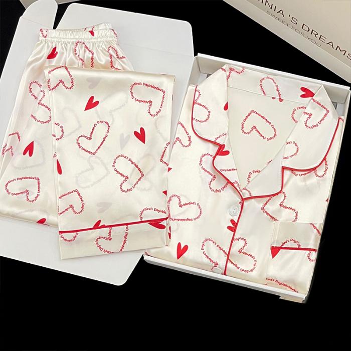 Pyjamas Damen Seiden-Langarmpyjamas Pyjama-Anzug mit Blumendruck Hochwertige Eisseide Kann Draußen Als Pyjama Für Zu Hause Getragen Werden