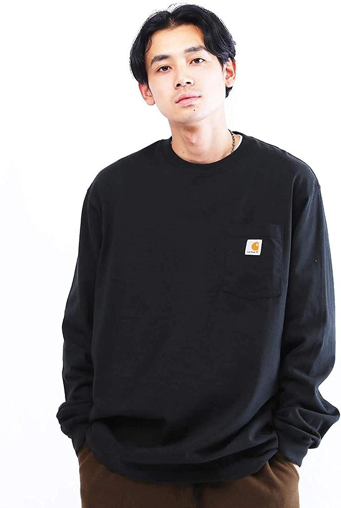 Carhartt Long Sleeve Crew Neck with Chest Size Black Men's T-Shirt Pocket, M,