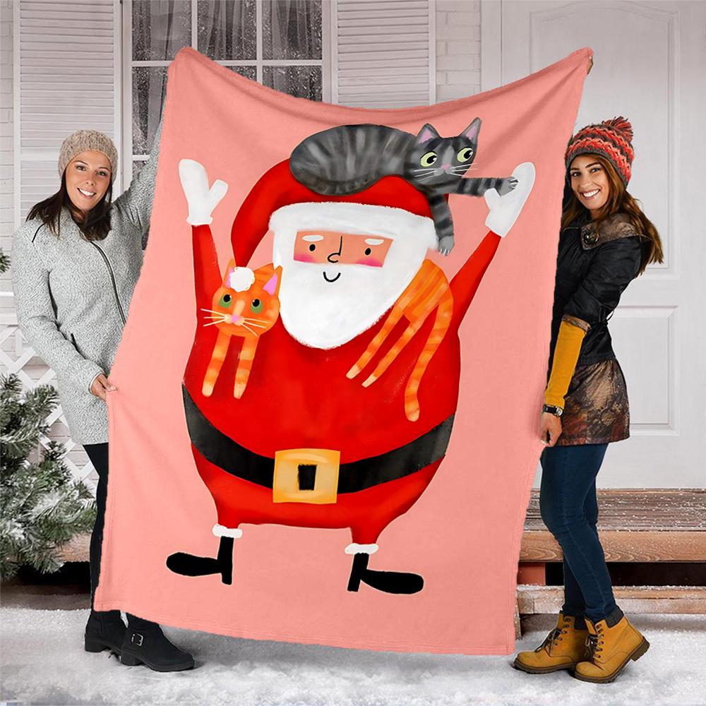1pc Santa Claus , Cats Outdoor Flannel Blanket Soft All Season Polyester Throw , Perfect for Picnics & Travel , Picnic Accessory