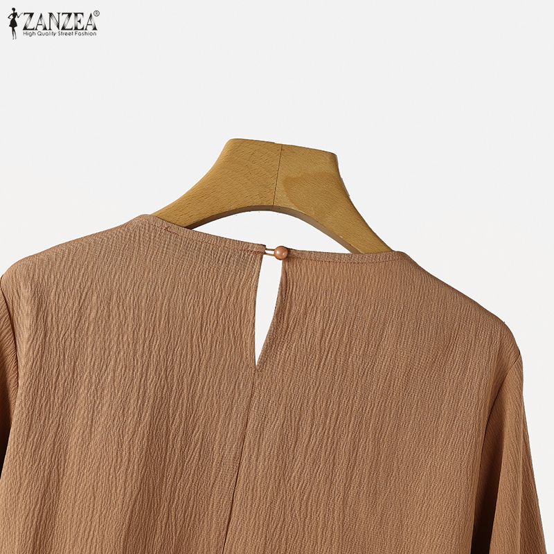 ZANZEA Womens Casual Round Neck Long Sleeve Ruffles Splice Loose Blouse