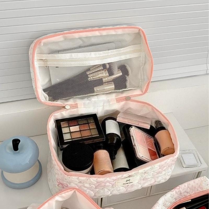 Flower Contrast Color Female Bow Cosmetic Bags Large Capacity Sweet Bow Women's Makeup Case Heart Quilting Clutch Handbags
