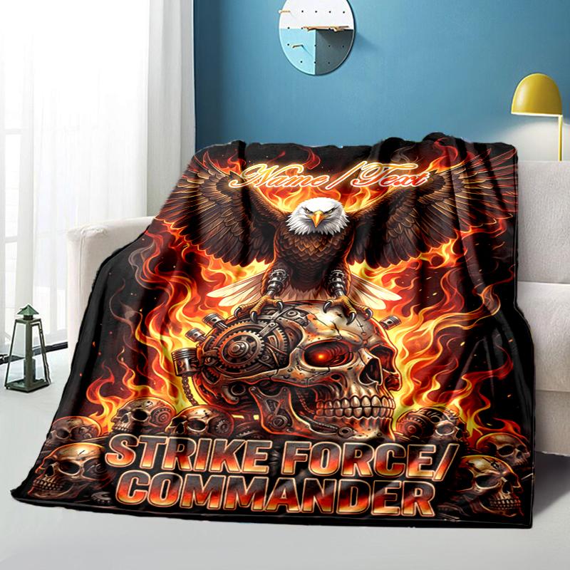 1PC Custom Name Eagle Skull Fire Power flannel blanket versatile,all-season throw suitable for the living room,bedroom,camping,travel,and gift