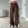 Yousheng Women Long Pants Side Lace-up Oversized Wide Leg Causal Trousers with Pockets Solid Color Loose Fit Sport Pants