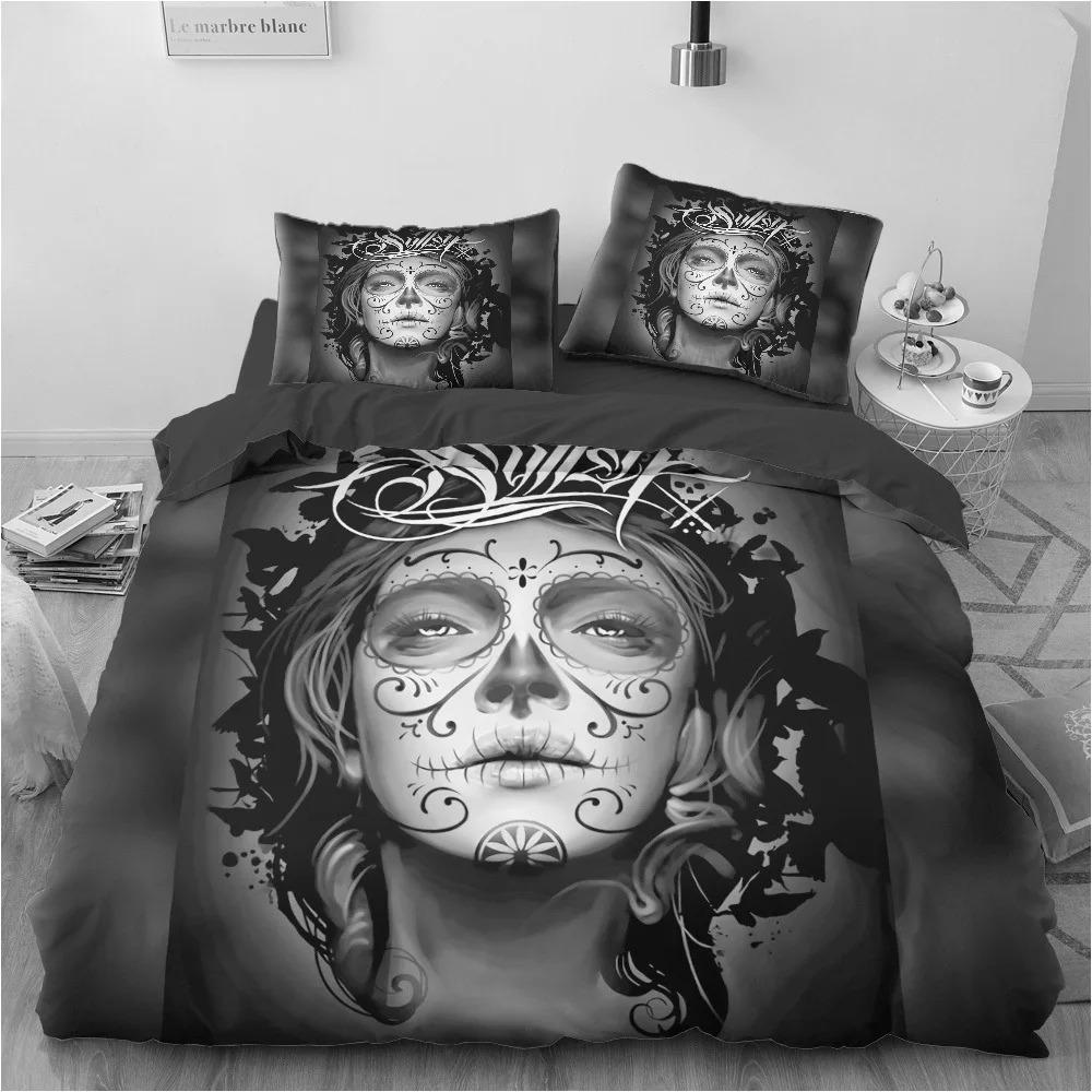 Skull Gothic Duvet Cover Set, Day of The Dead Sugar Skull Bedding, Soft Quilt Cover Pillowcases for Adults Teens