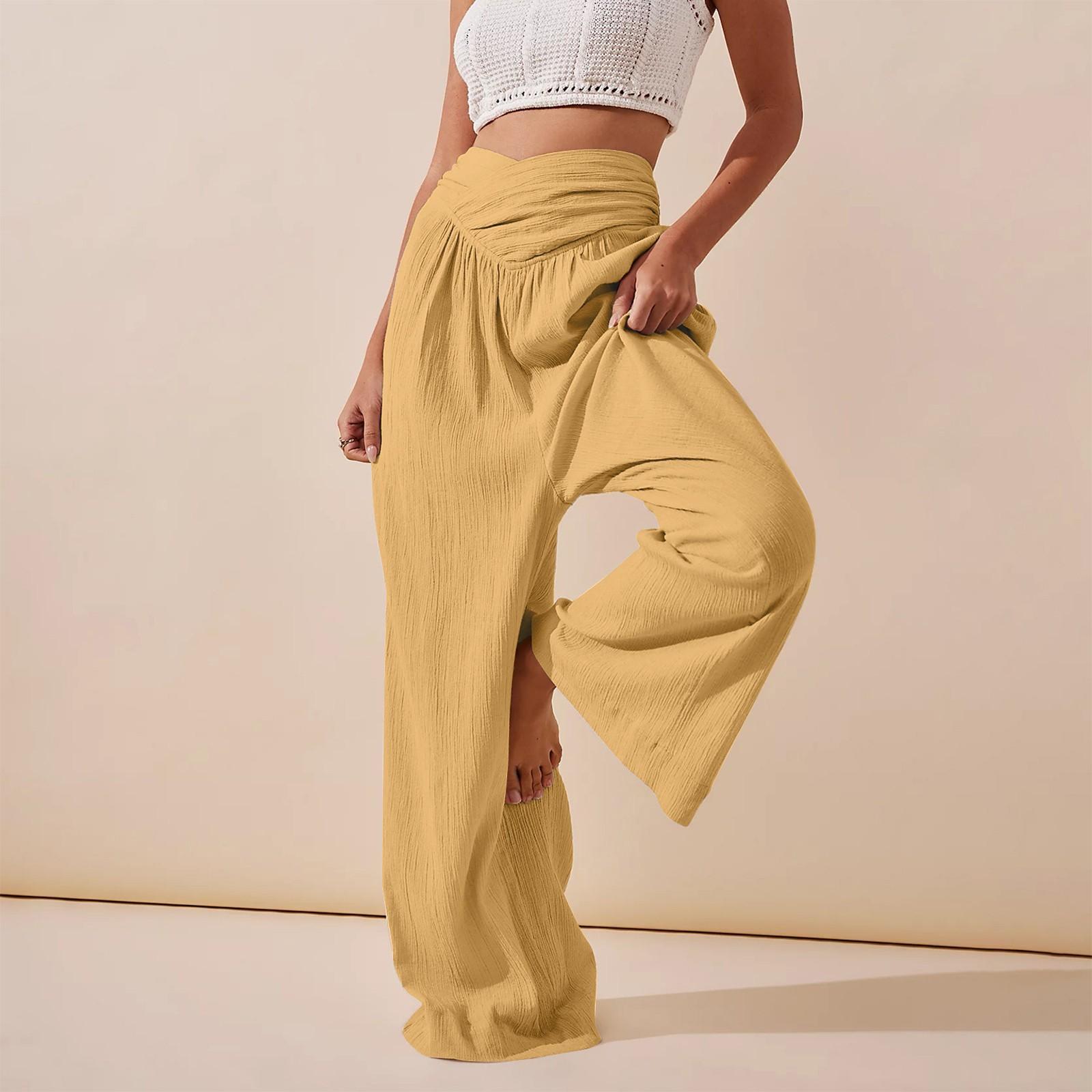 

Женские широкие брюки с высокой эластичной талией, деловые рабочие брюки, длинные повседневные брюки XL жёлтый