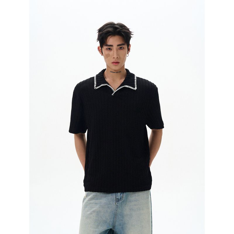 Kisko Simple High Sense of Knowledge Hand Sewing Patchwork Polo Lapel Short Sleeve T-shirt Men and Women Cleanfit Texture Top