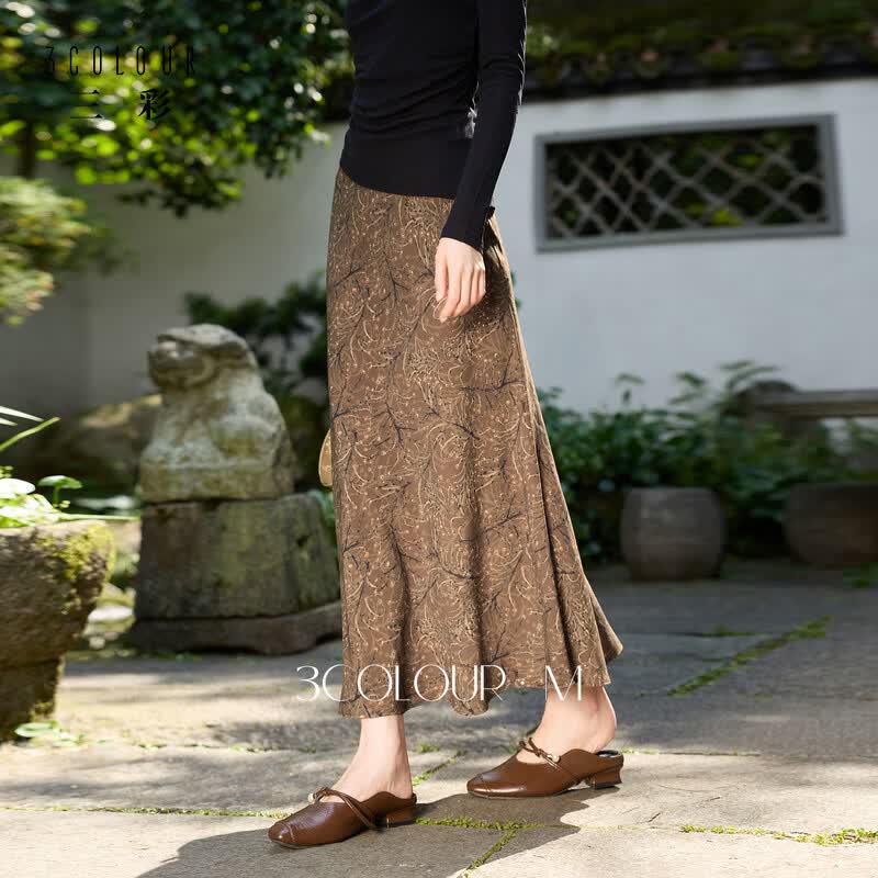 SanCai 2026 Autumn High-Waist A-line Floral Maxi Skirt S