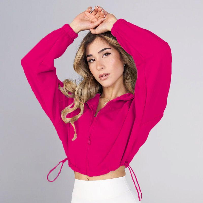 

Sports Outwear Women s Clothing Fall and Winter Stand Collar Sexy Yoga Cardigan American Long Sleeves Fitness Short Loose Zip Sweatshirt Magenta XL