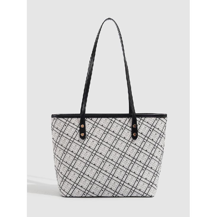 Chic and elegant checkered tote bag, versatile for daily work and commuting, large capacity shoulder and underarm bag чёрный