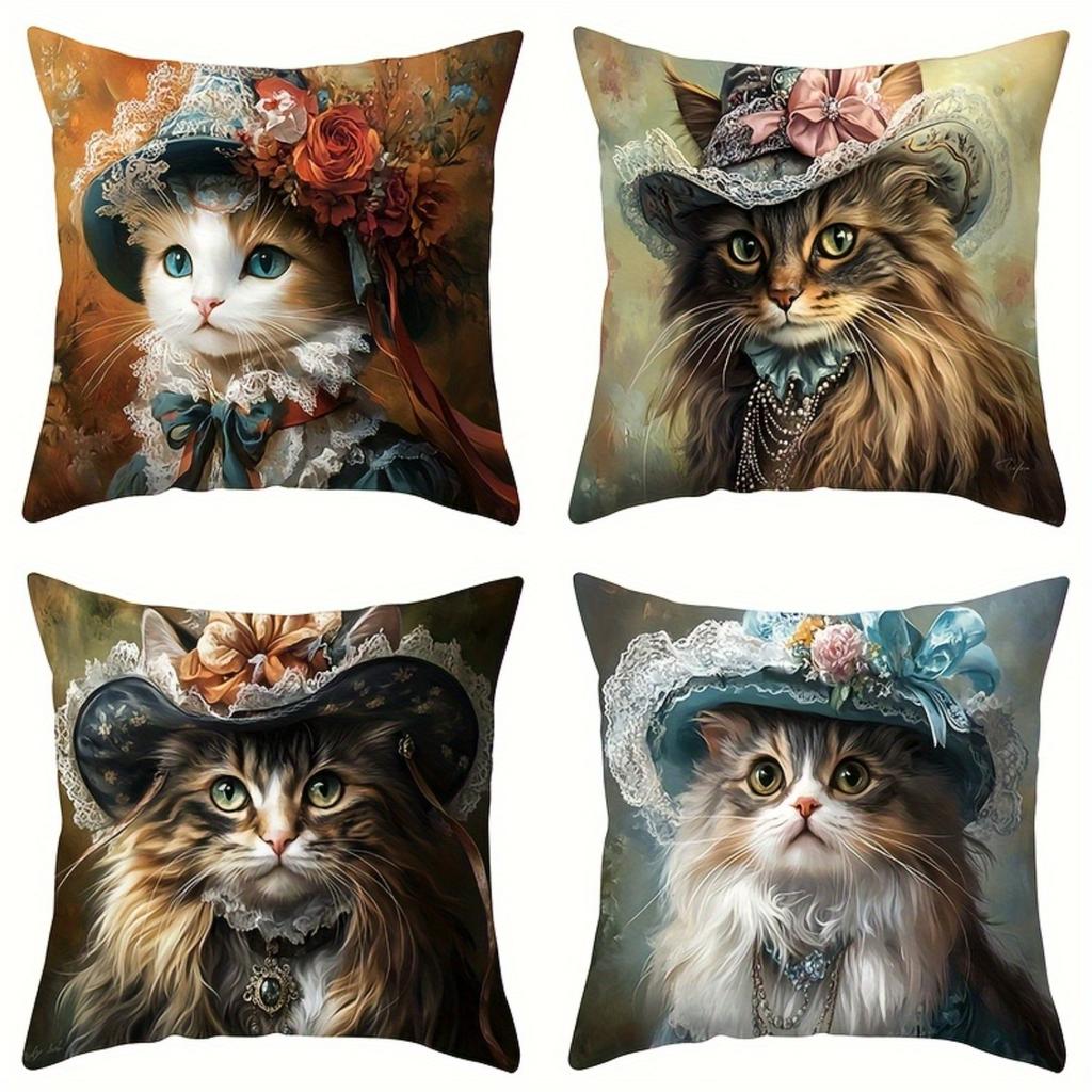 Victorian Style Cat Pattern Digital Printing Pillow Cover Short Plush Suitable Living Rooms Bedrooms Sofas Throw Cushion Cover
