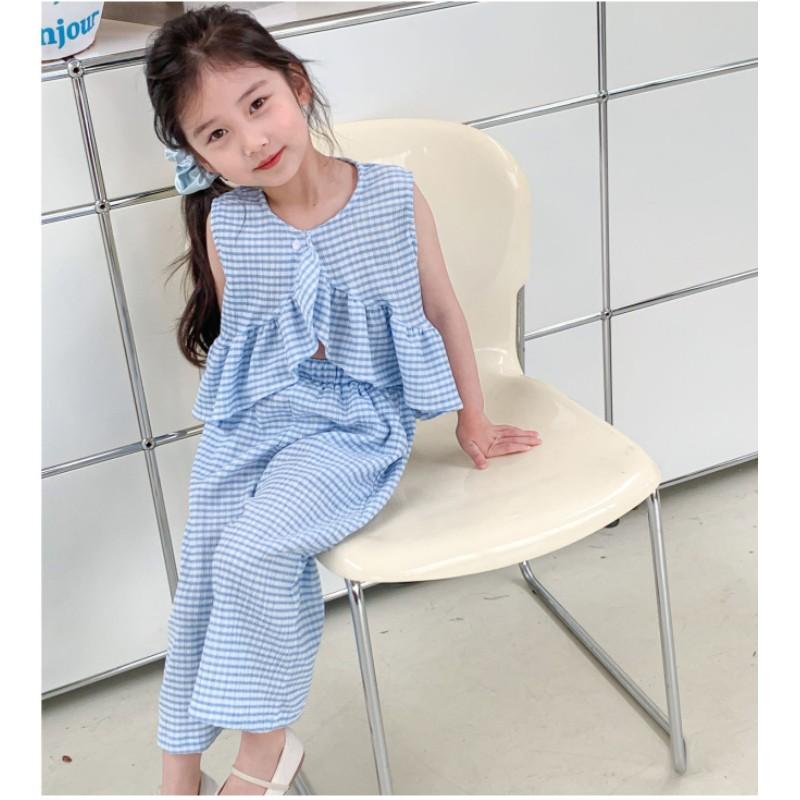 Girls Summer Thin Plaid Suit In Small Children Design Personality Top + Loose Pants Fresh Cute Two-piece Set