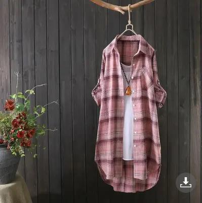 Women's Long Sleeve Blouse Turn Down Collar Casual Plaid Shirt Loose Fit Long Tunic Top
