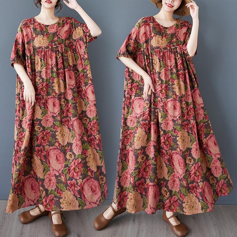 DIMANAF 2025 Summer Women Plus Size Vintage Long Dress Short Sleeve Casual Basic Floral Printing Loose Dress
