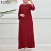 ZANZEA Women Casual Round Neck Loose Long Sleeve Pleated Dress