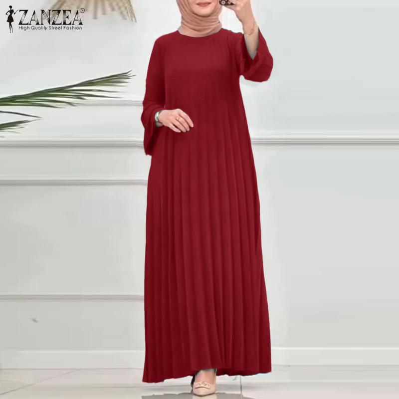 ZANZEA Women Casual Round Neck Loose Long Sleeve Pleated Dress