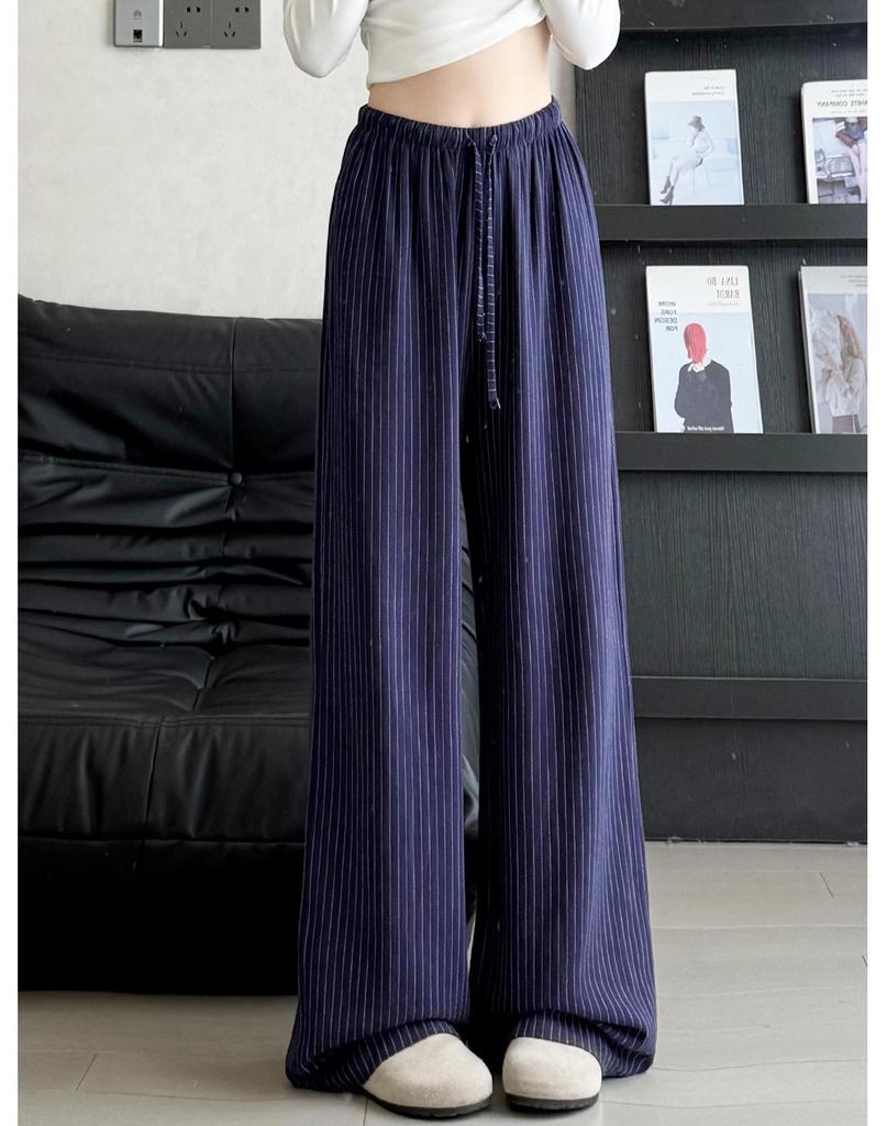 Apricot Striped Linen Wide-Leg High-Waisted Pants for Women - Slimming, Loose, and Casual for Spring 2026.