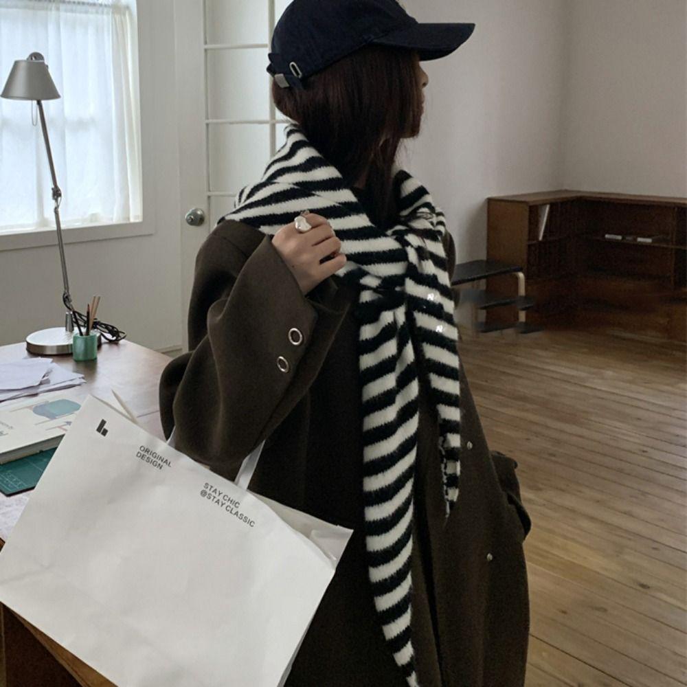 Cashmere Striped Scarf Plush Cape Wraps Simple Winter Shawl  Women/Men