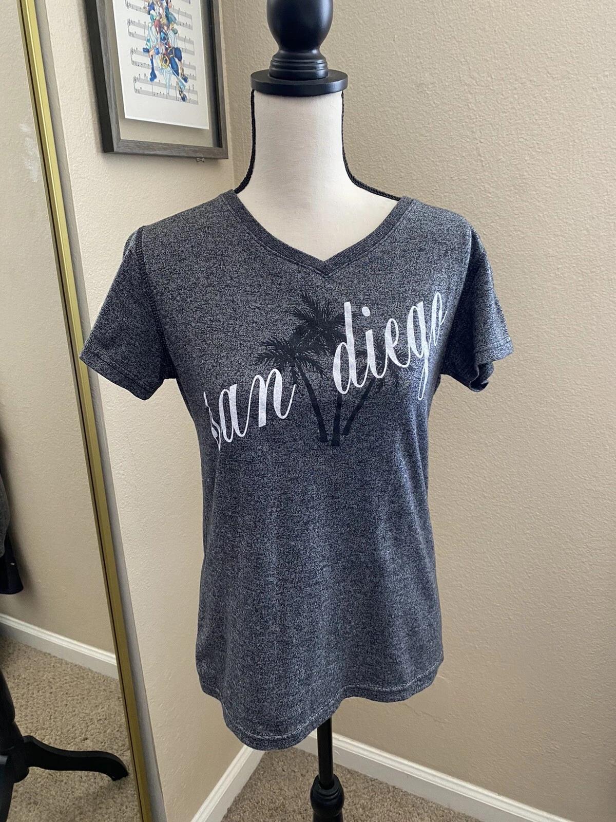 San Diego Logo V Neck T Shirt Womens Size Small Dark gray with palm trees 4XL