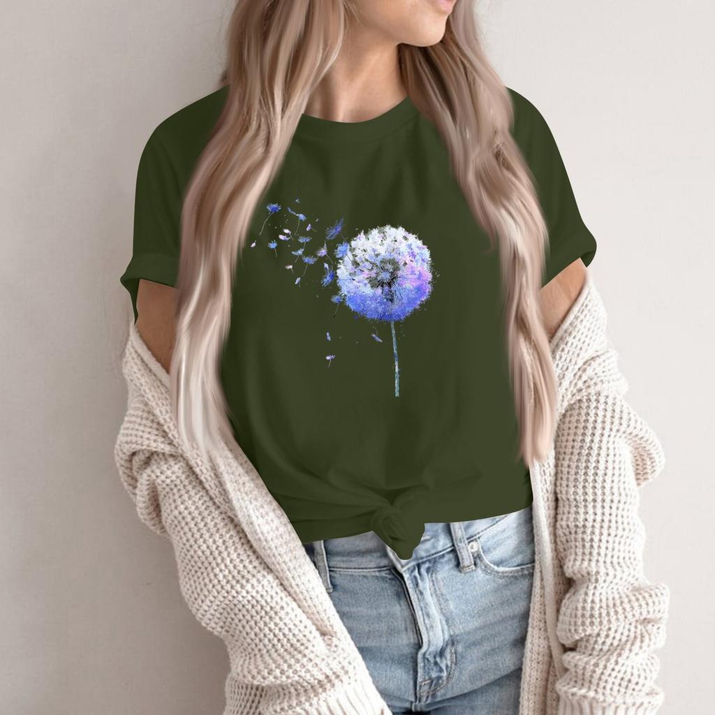 Women's Fashion Casual Printed Round Neck Short Sleeved Pullover T-Shirt Top