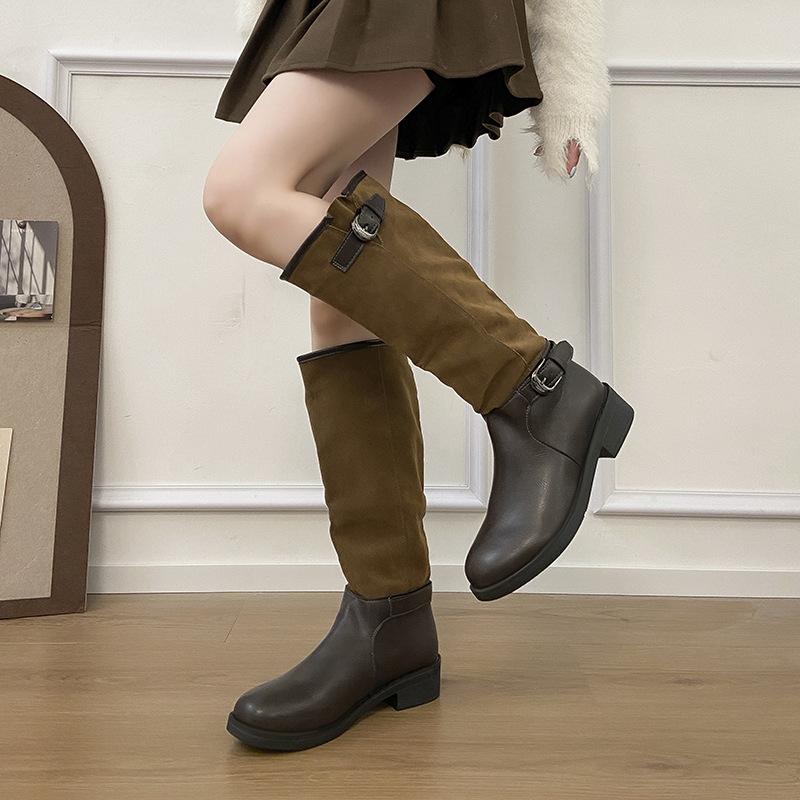 

Ma Sichun of the same style~ Height increase 4/7cm fashionable buckle with round head splicing square heel knight boots women s stacked boots 43 хаки