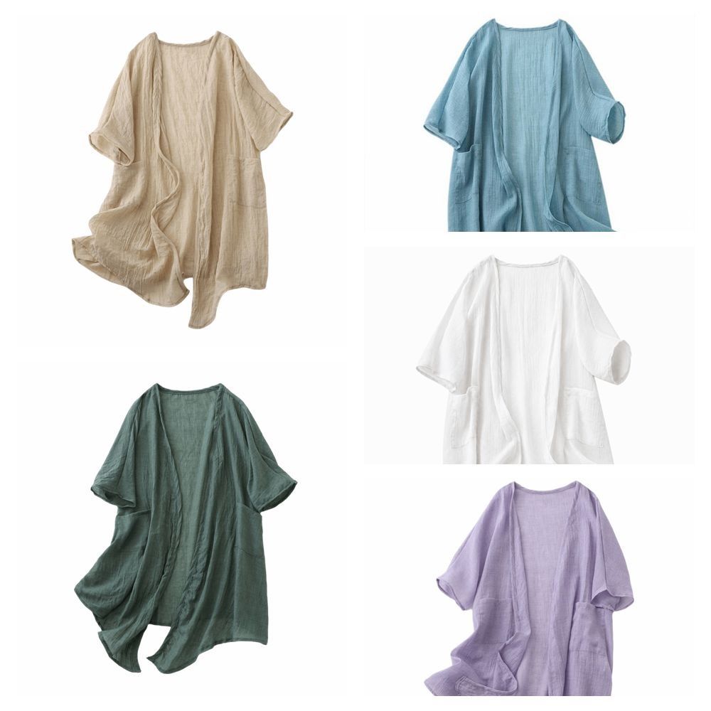 Short Sleeved Long Shawl Loose Beach Top Breathable Linen Cardigan  Summer Wear
