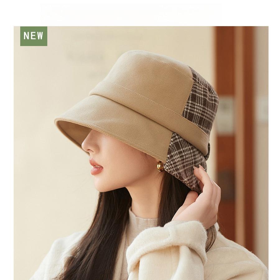 

Splicing Plaid Thickened Fisherman s Hat Women Autumn Winter Simple Elegant Wide-Brimmed Face Shading Basin Hat British Warm Cap One Size