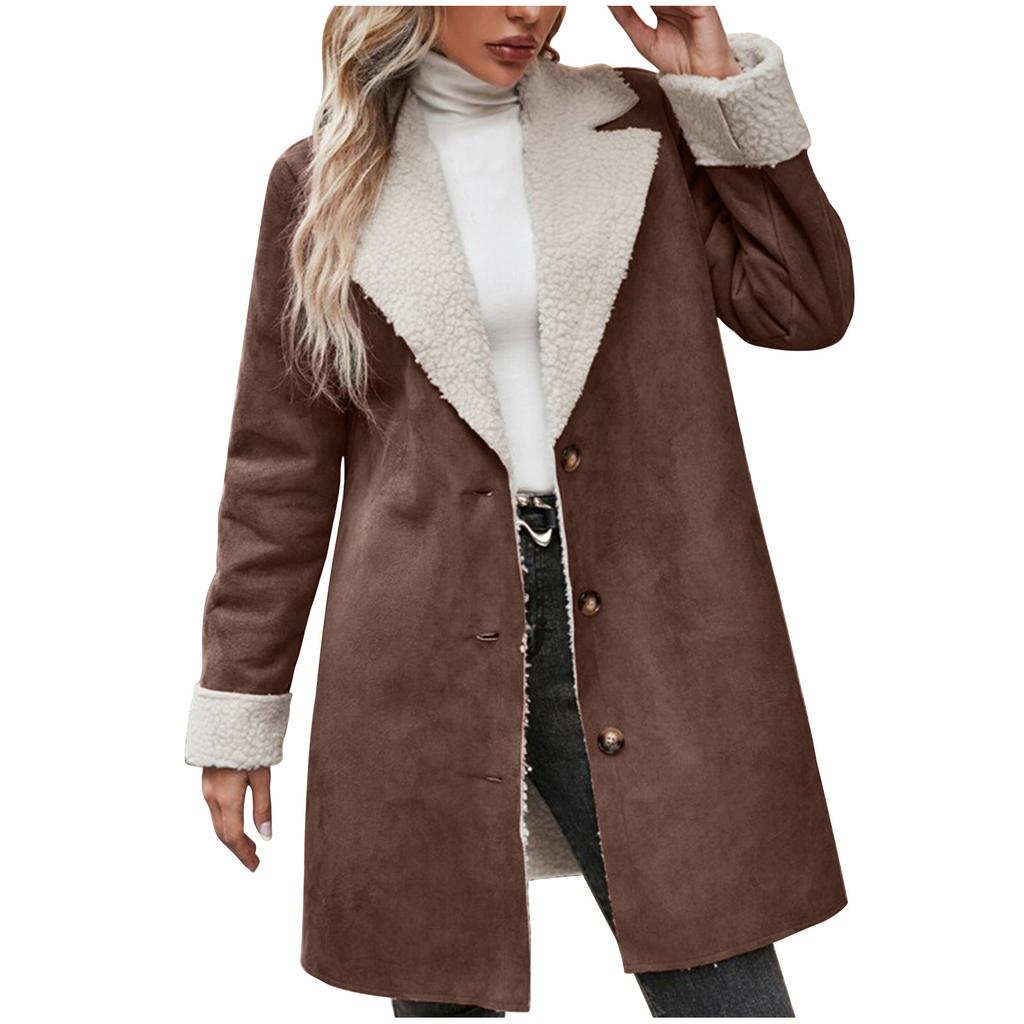 Women's Long Plush Lined Suede Coat with Fur Trim and Metal Buttons In Multiple Colors