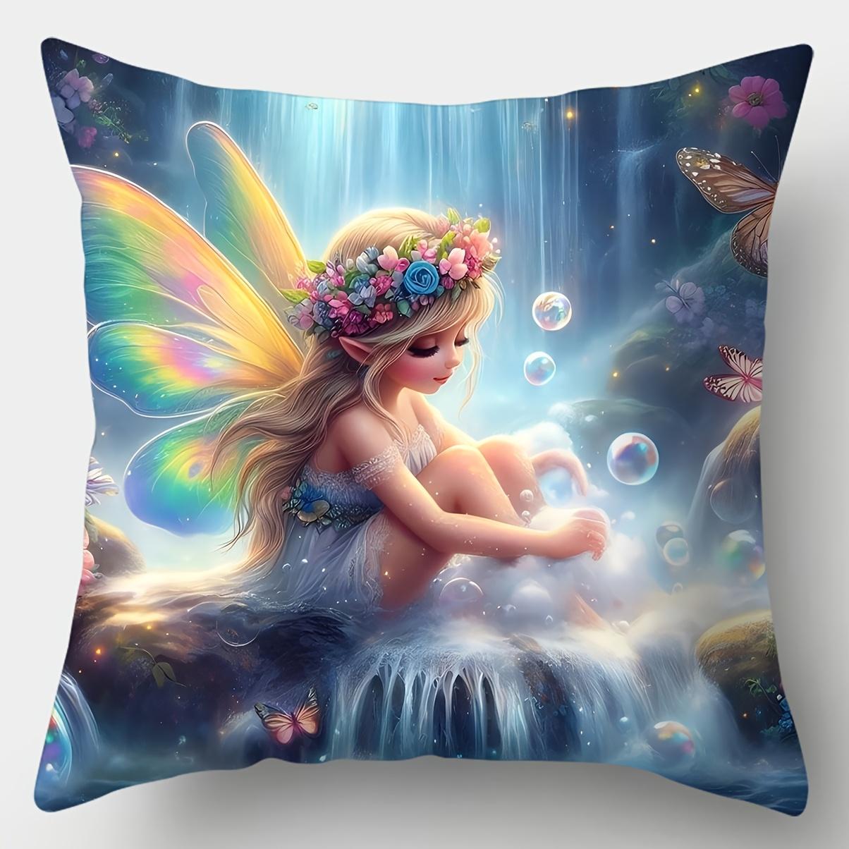 

Dream Flower Fairy Single-sided Printed Pillowcase, Sofa Living Room Fairy Tale Cushion Cover, Bedroom Bedside Pillow Cover 16x16Inch