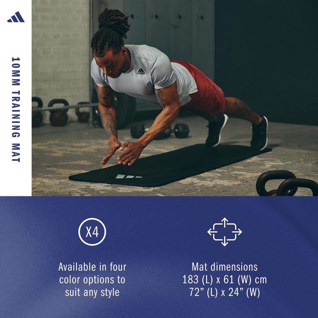 adidas Training 10mm with Carry Mat/Yoga Mat, Thick, Wide, Durable, Non-Slip, Strap, ADMT-12235BL, Black/Blue