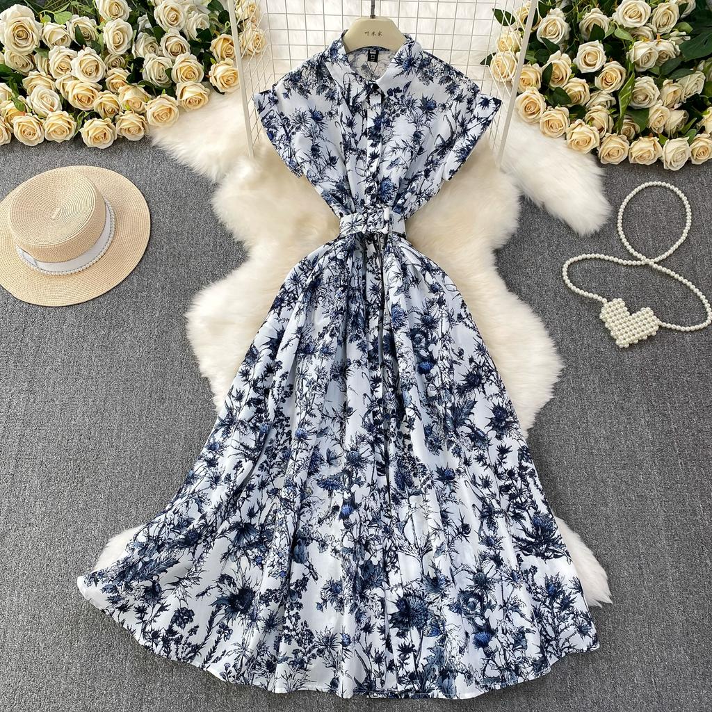 Sommer Damen Casual Kurzarm Umlegekragen Einreiher Lang Midi Print Partykleider mit Gürtel