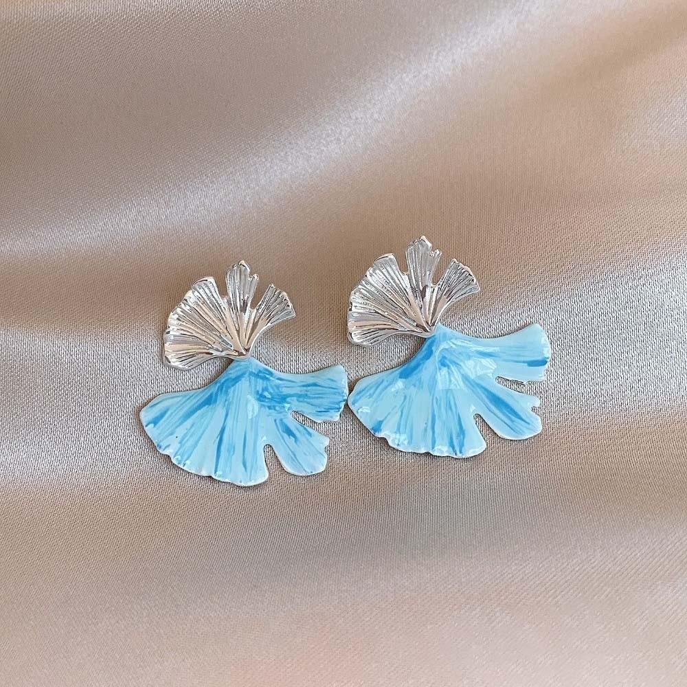 Elegant Double-layer Ginkgo Earrings Leaf Fan Shaped Blue Silver Ginkgo Ear Pendant Copper Oil Drip Earrings Jewelry Gift