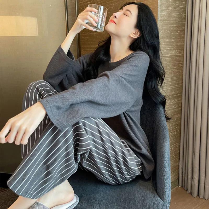 

Пижама для беременных, комплект из 2 предметов с нагрудными накладками, весна-осень, с длинными рукавами, свободная одежда для отдыха на открытом воздухе, женская домашняя одежда, одежда для кормления грудью L серый