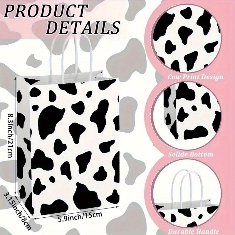 24Pcs, Large Capacity Kraft Paper Hand-Held Gift Bags with Cow Patterned Spotted Design for Holiday Decoration, Birthday Party