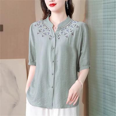 Moda Top Grande Ricamato Cotone Canapa T-Shirt Estiva a Maniche Corte da Donna Camicia Fashion da Donna Camicia Larga Seta Cielo Bottone