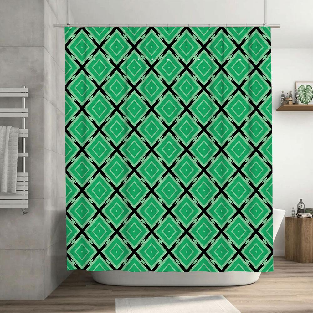 Green Black Diamond Pattern Shower Curtain Decorative for Bathroom Waterproof Polyester Fabric with Metal Eyelet Rings (Set)