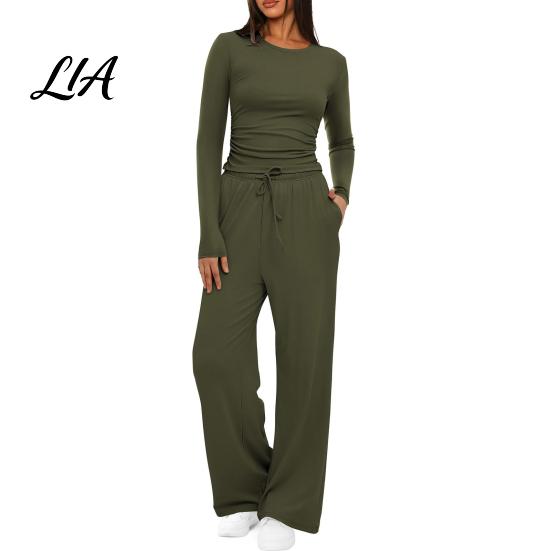 Breathable Matching Sets Women Top Pants Set for Spring Fall, Slim Fit Crewneck Sweatshirt, Everyday Wear Suit Elastic Waist Loose Wide
