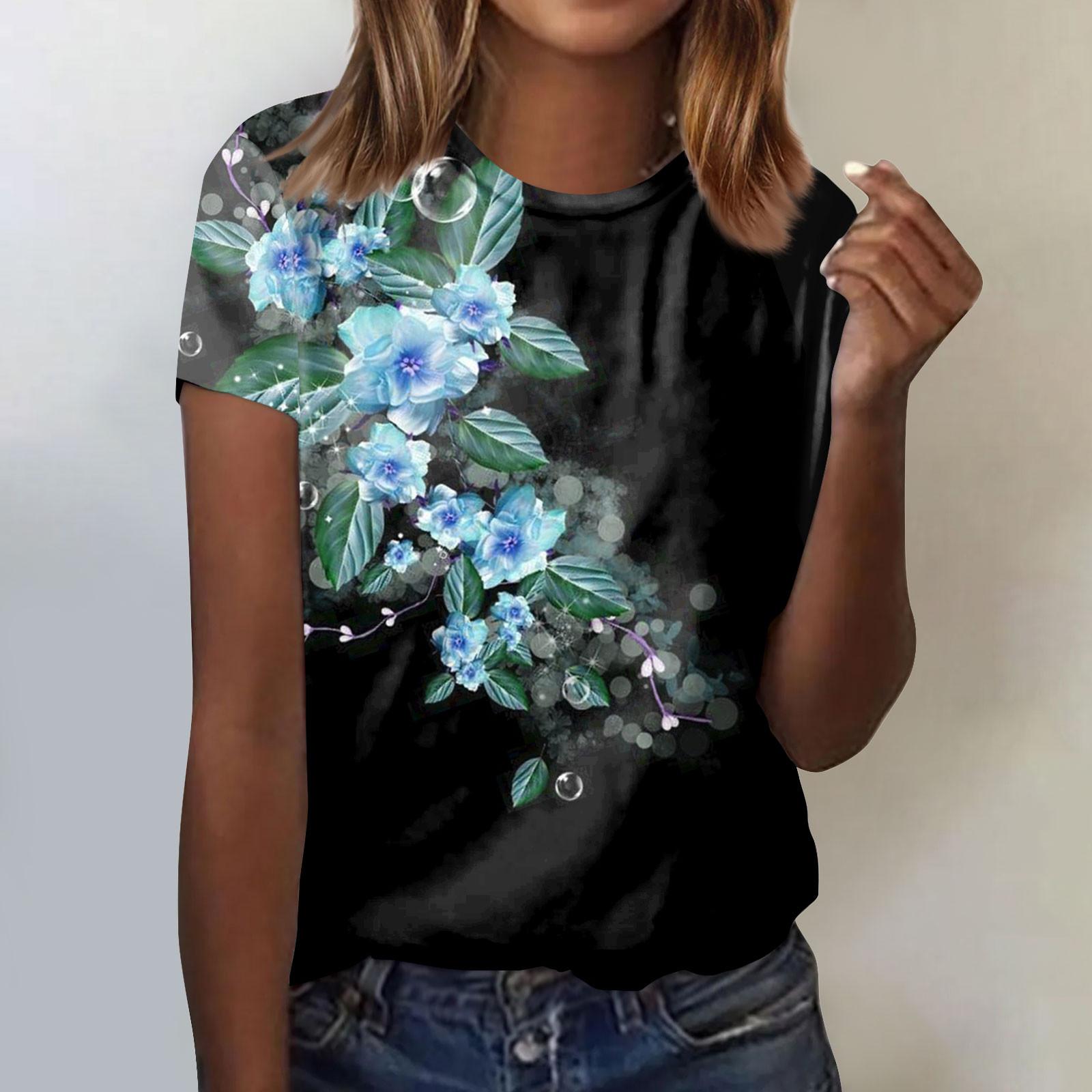 

Женская мода Повседневная футболка с коротким рукавом и круглым вырезом с цветочным принтом Топ XL