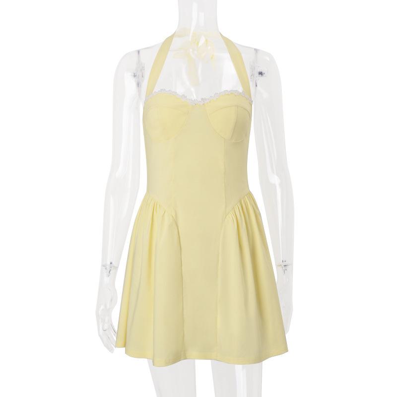 

European and American style women s clothing summer new fashionable and sexy square collar temperament backless solid color neck waist dress S жёлтый