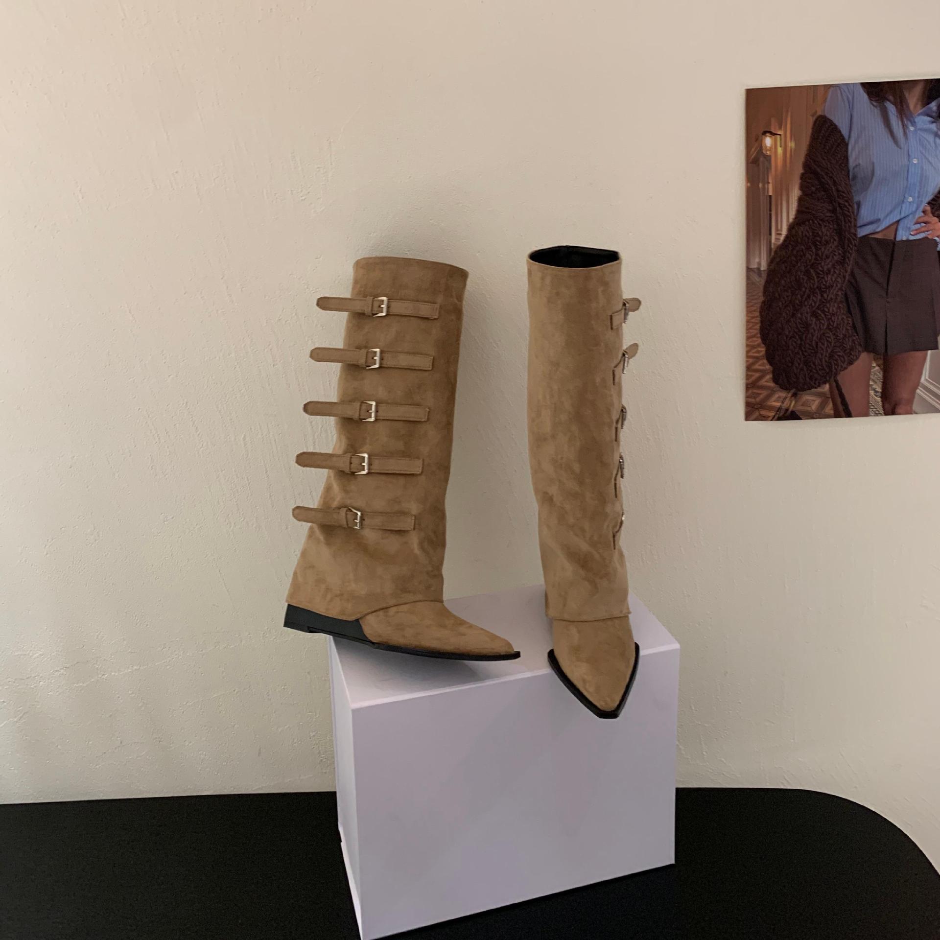 

2025 new belt buckle pointed trousers boots Spice girl wedge heel high heel knight boots children but knee thin boots 39