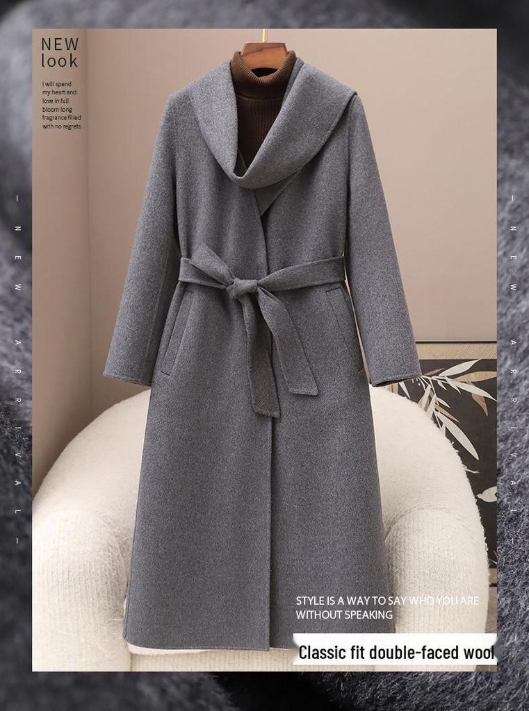 Women's Spring 2026 Cashmere Double-Faced Wool Coat with Warm Scarf Collar