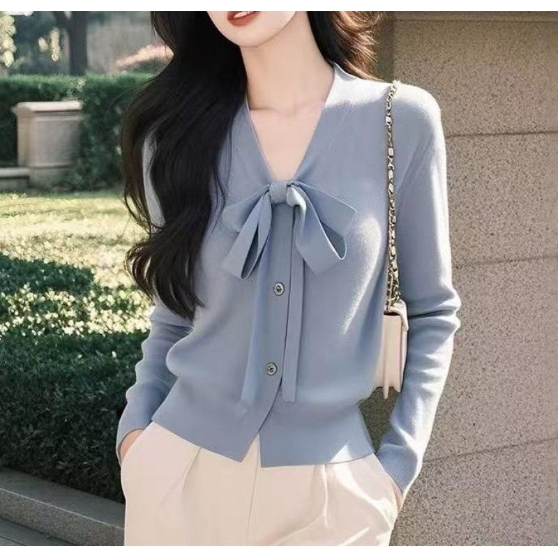 Bow-knitted cardigan, spring and autumn temperament wear, thin coat, good-looking top