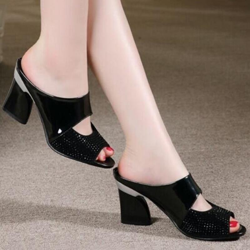 High-heeled Slippers Women's Medium-heeled Fish Mouth Slippers Thick-heeled Sandals Patent Leather Rhinestone Women's Sandals