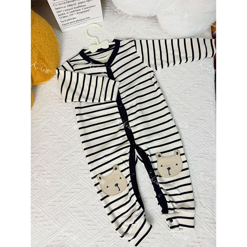 [Kiki Home] Foreign Trade Original Order Infant Jumpsuit Cute Cartoon Embroidery Baby Boy and Baby Girl Breathable Romper Black and White Stripes 80 cm