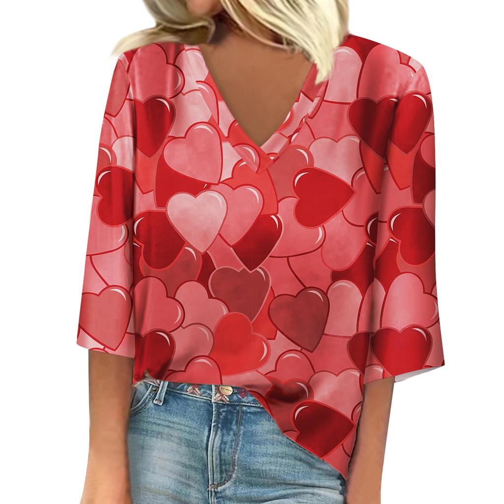 Ladies' Loose Casual Seven Quarter Sleeve V-neck Valentine's Day Printed T-shirt Top