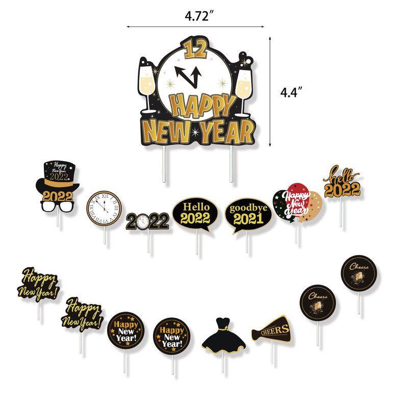 

2022 Счастливого Нового года Канун Нового года Вечеринка Принадлежности Украшения Золотой Набор Шаров Баннер 16pcs Cake Toppers