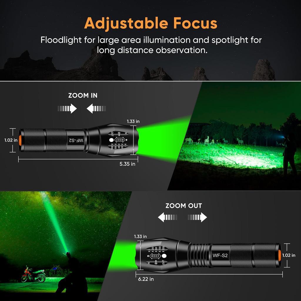 WINDFIRE Green Light Tactical Flashlight, Powerful Green Flashlight, 1 Lighting Mode, Adjustable Zoom Handheld Light, IPX4 Waterproof, Pig Wolf Mint L