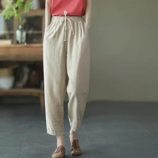 Women's Washed Cotton & Linen Elastic Waist Carrot Pants - Casual Loose Fit, Retro Style 