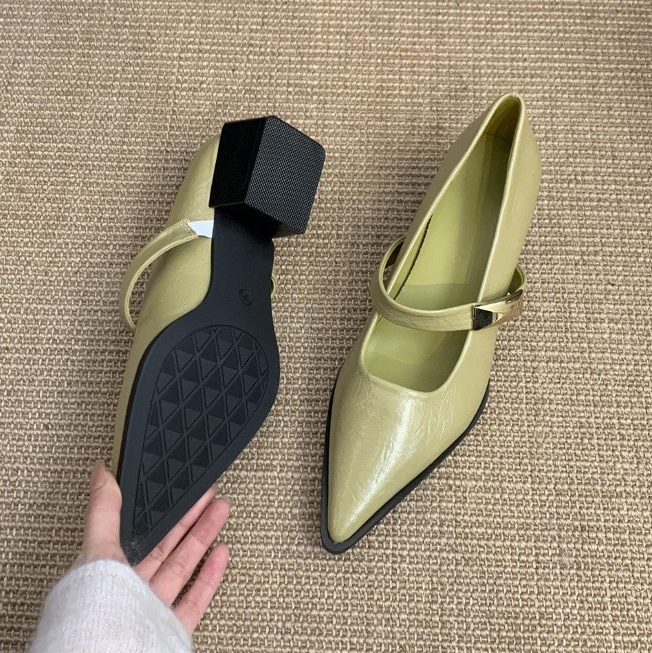 

Туфли-лодочки с острым носком, женские, новые, темпераментные, для работы, на толстом каблуке, Мэри Джейн, из маленькой кожи 39 зелёный